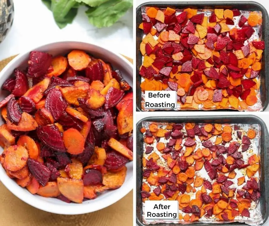 collage of root vegetables before and after roasting