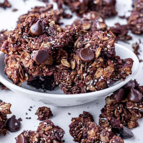 chocolate sea salt granola on a baking sheet