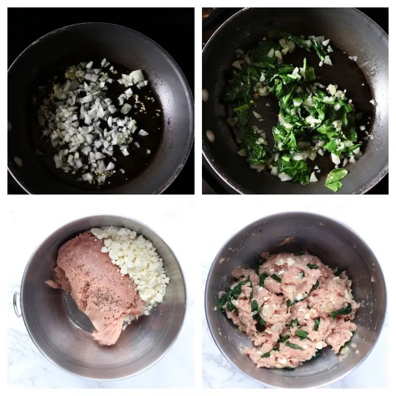 Collage of steps for sautéing the spinach and onions