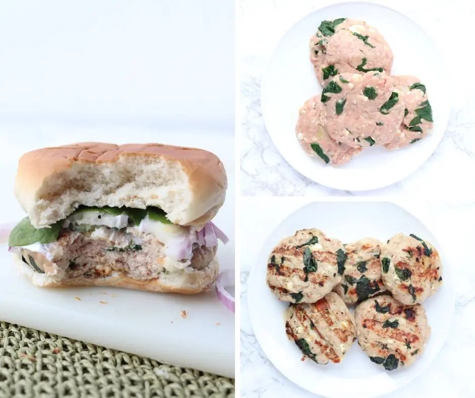 Collage of raw turkey patties and grilled burgers on a plate