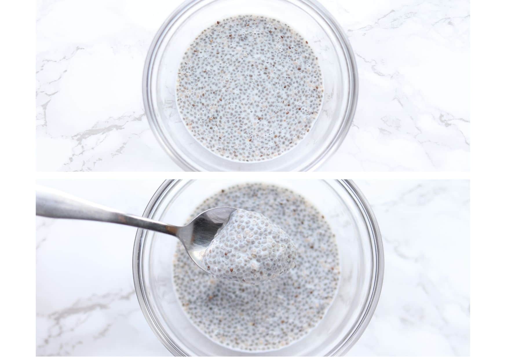 chia seeds soaking in almond milk and then scooped with a spoon as chia pudding