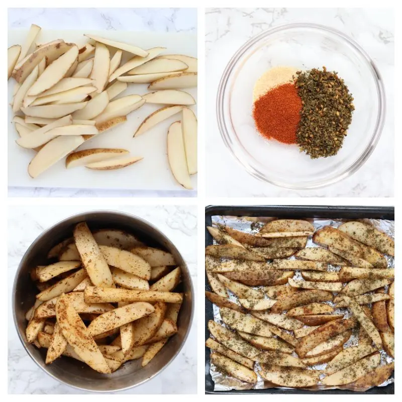 Collage of steps to make potatoes baked fries