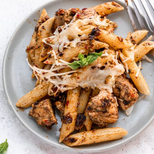 penne pasta with cheese, chicken and pesto