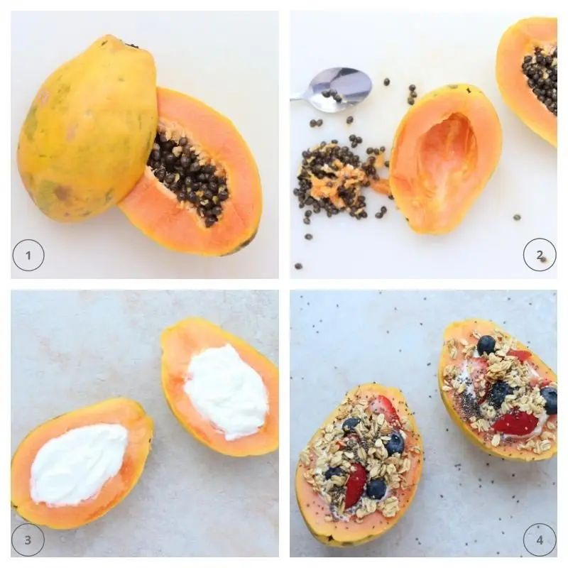 collage of steps for cutting, scooping and filling a papaya