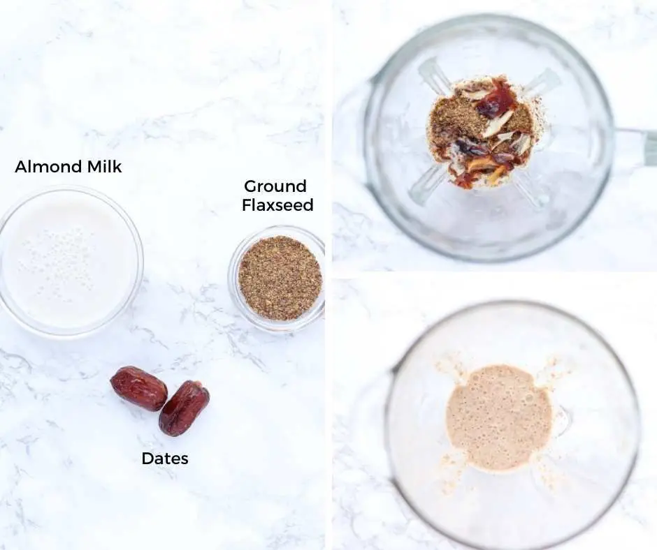 almond milk, ground flaxseed and dates before and after blending 