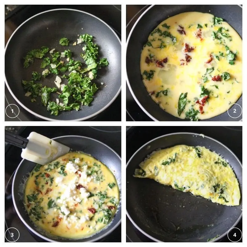 collage of kale and onions sautéing and eggs cooking on the stove