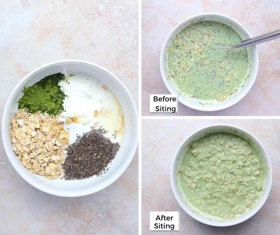 collage of oats, yogurt, matcha powder and chia seeds in a bowl before and after mixing