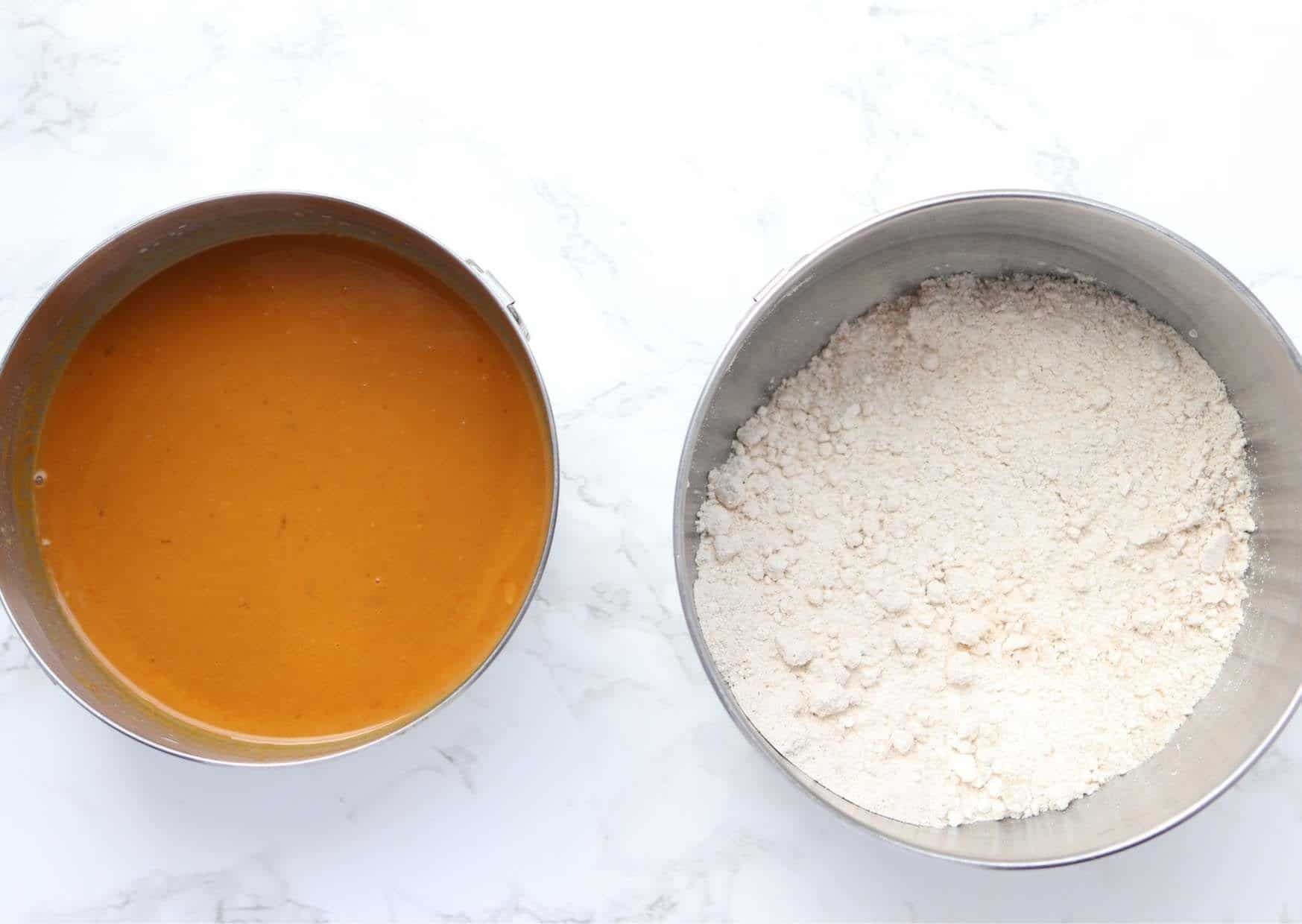 bisquick and dry ingredients in one bowl and wet ingredients in a smaller bowl