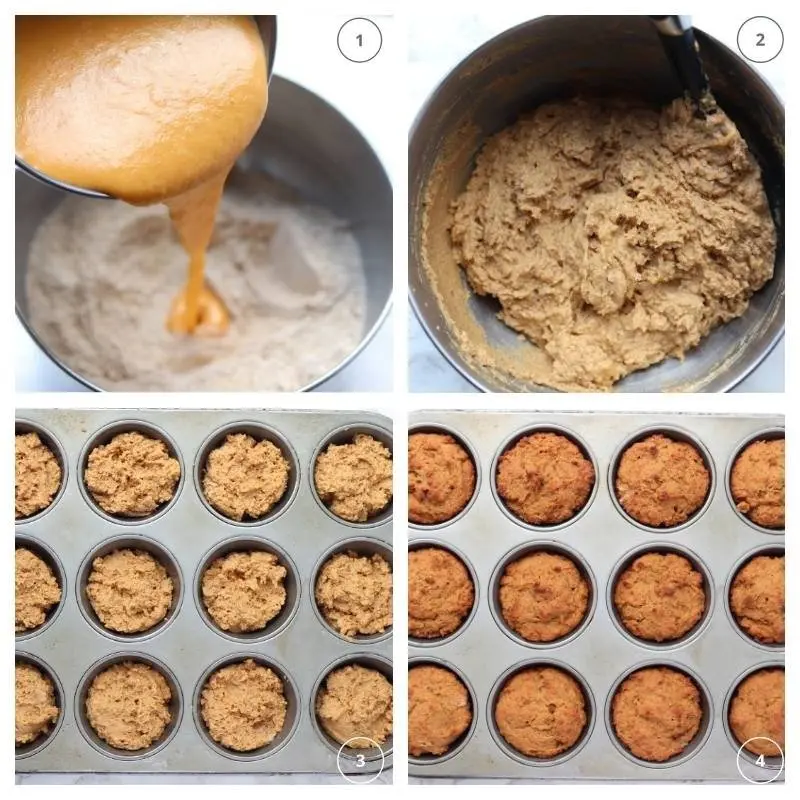 collage of making the pumpkin protein batter for the muffin tins