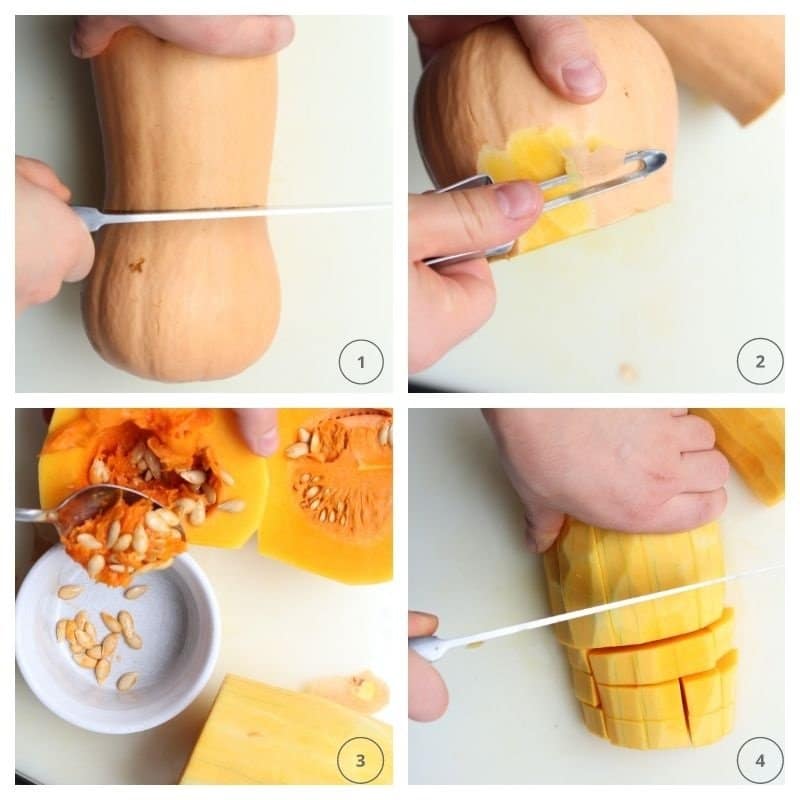 collage showing how to cut a butternut squash into cubes