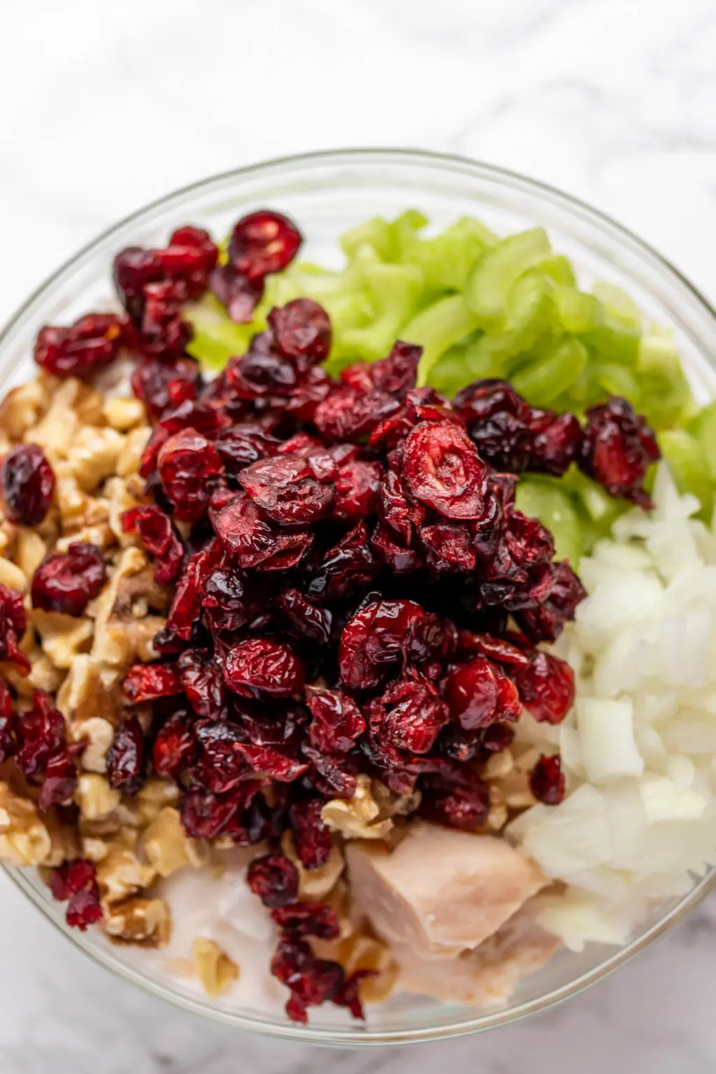 cranberries, walnuts, chicken, celery and onion in a bowl