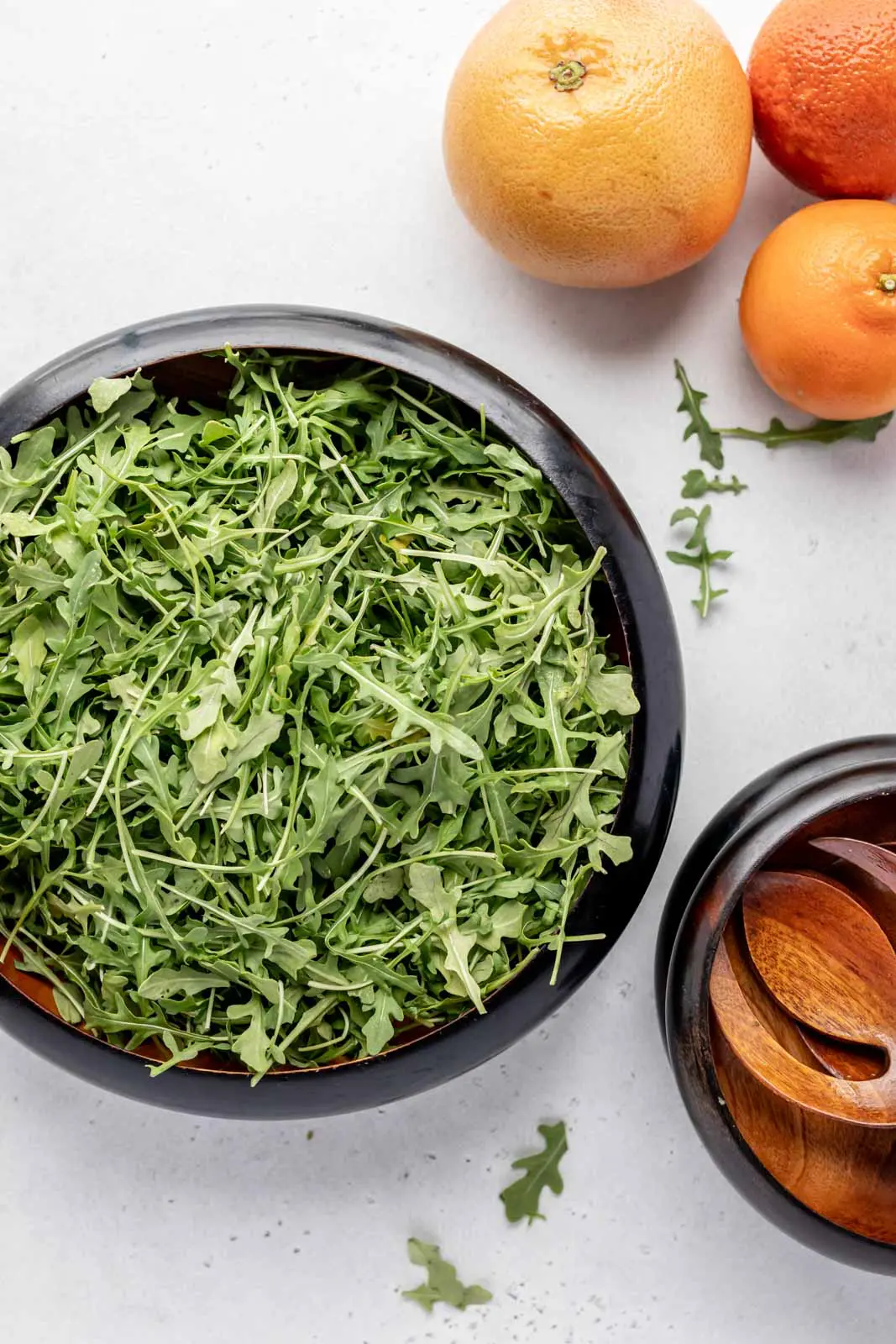 fresh arugula in a large salad bowl