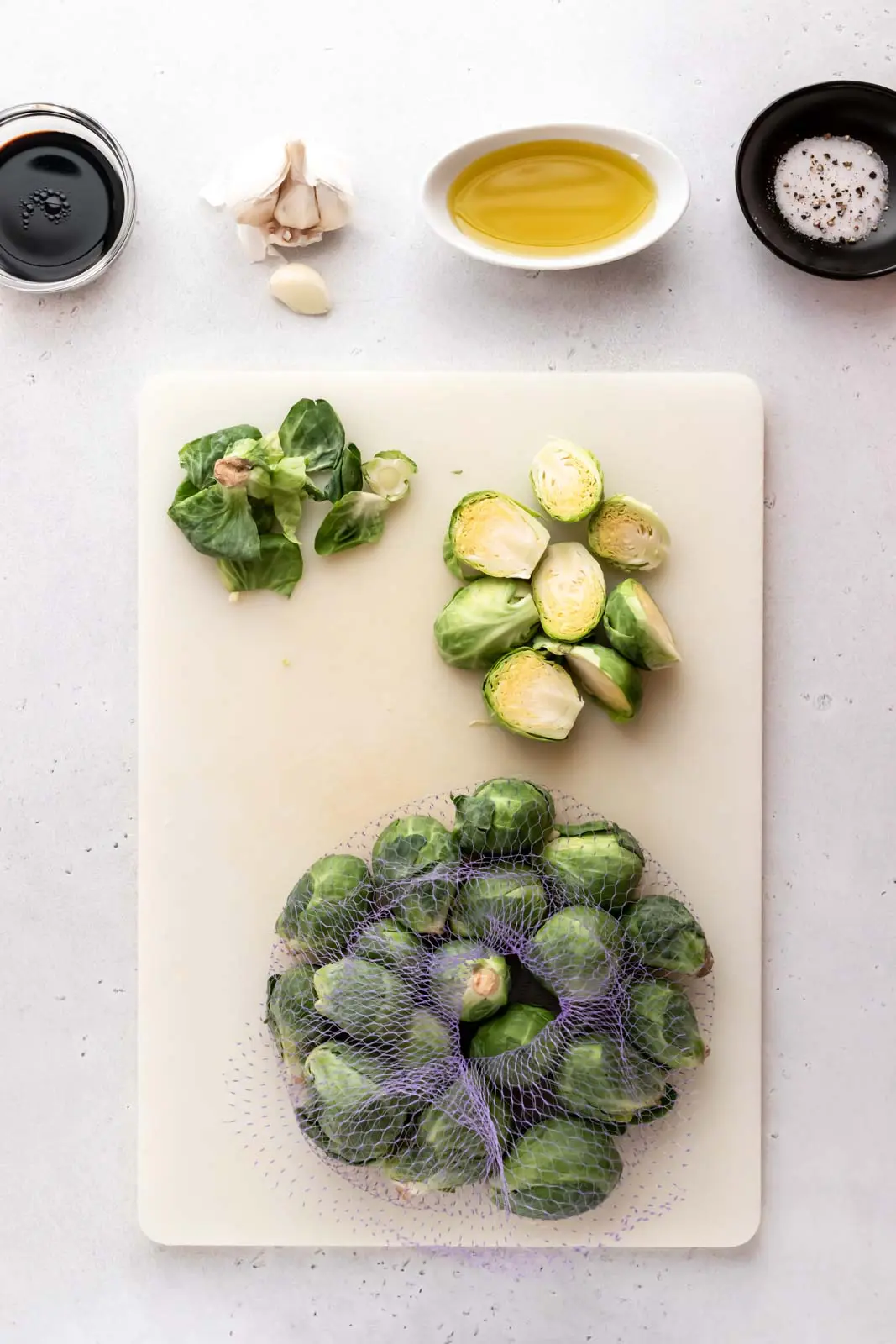 sliced brussels sprouts, balsamic vinegar, garlic and olive oil