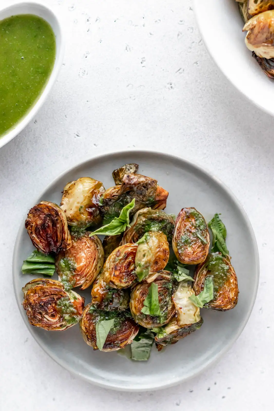 basil dipping sauce and roasted brussels sprouts