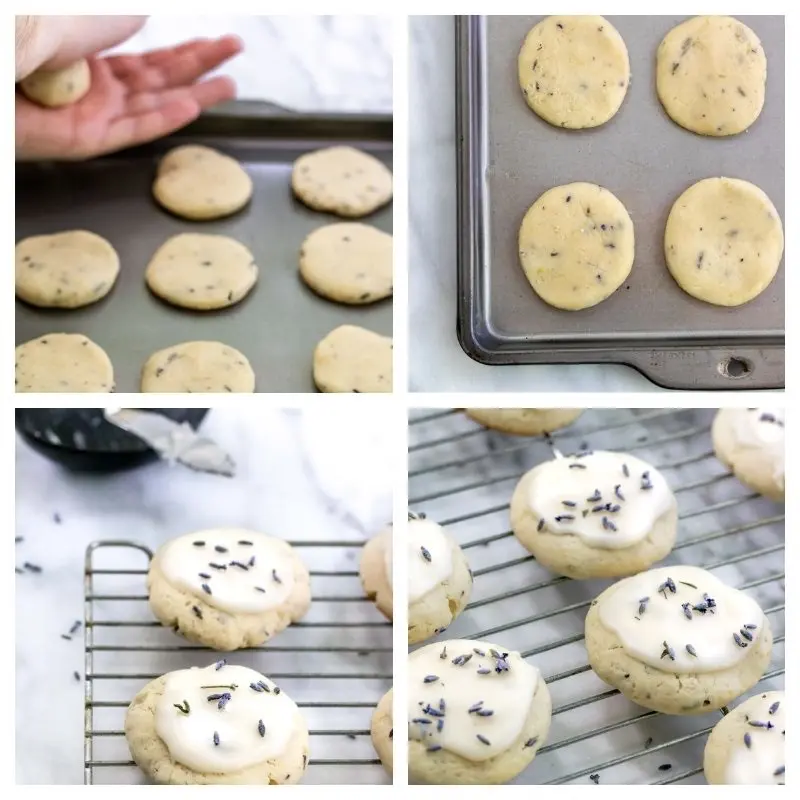 collage of rolling cookie dough to glazed cookies