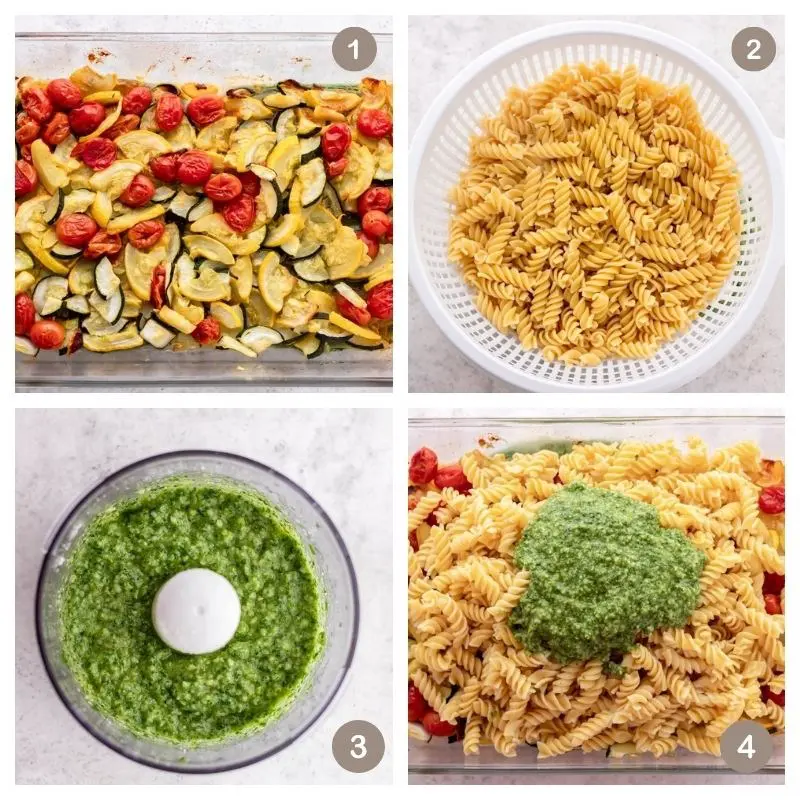 collage of roasted squash and tomatoes, pasta and pesto sauce