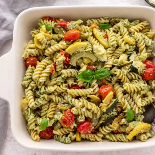 basil pesto pasta with roasted veggies