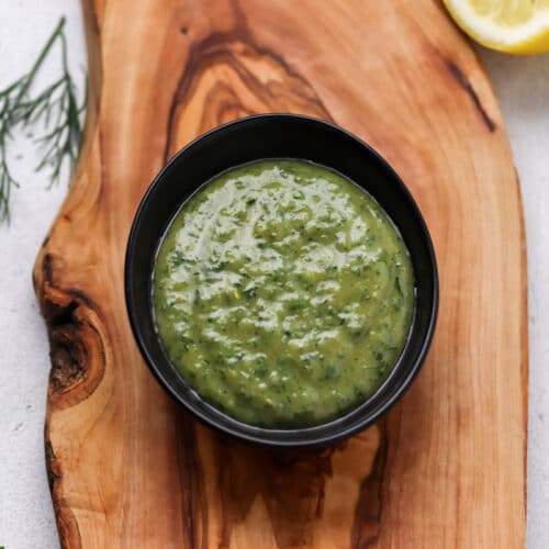 lemon herb tahini in a serving bowl