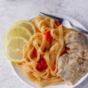 lemon pasta chicken on a plate