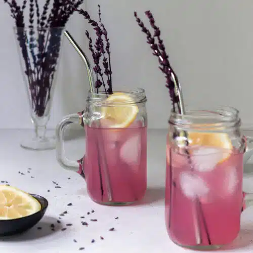 lavender lemonade in mason jar glasses