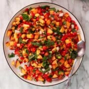 fresh peach salsa on serving platter