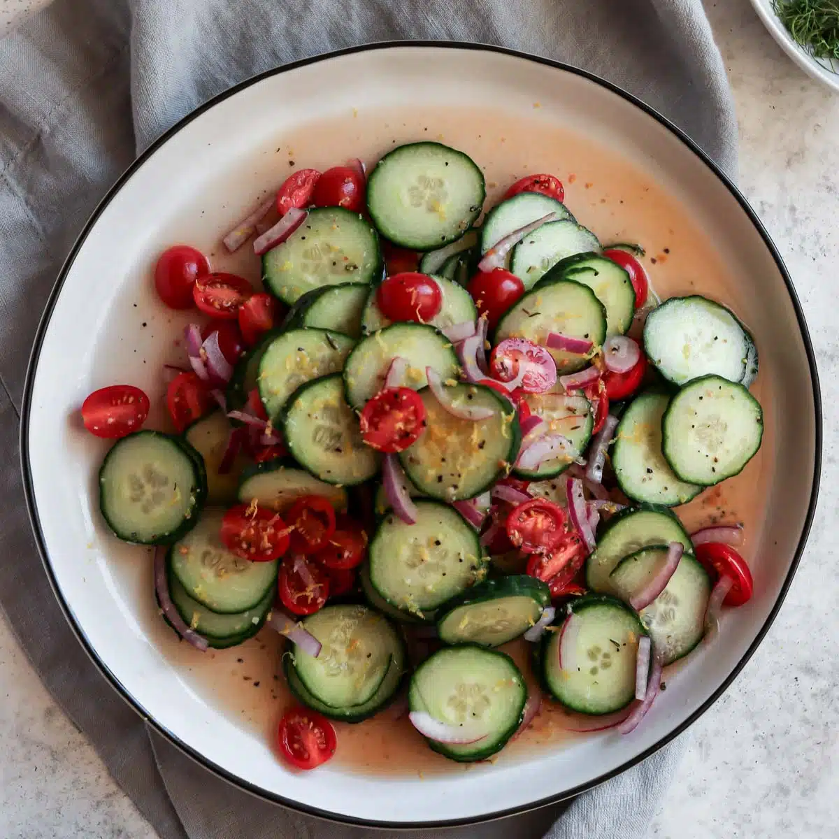 Cucumber onion tomato salad with lemon zest
